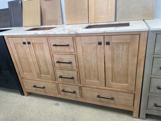 Bathroom vanity cabinet 60” solid Teak Quartz top with sinks and backsplash