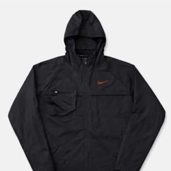 Nike Hooded Windbreaker Jacket – Men’s Medium (Black w/ Orange Swoosh)