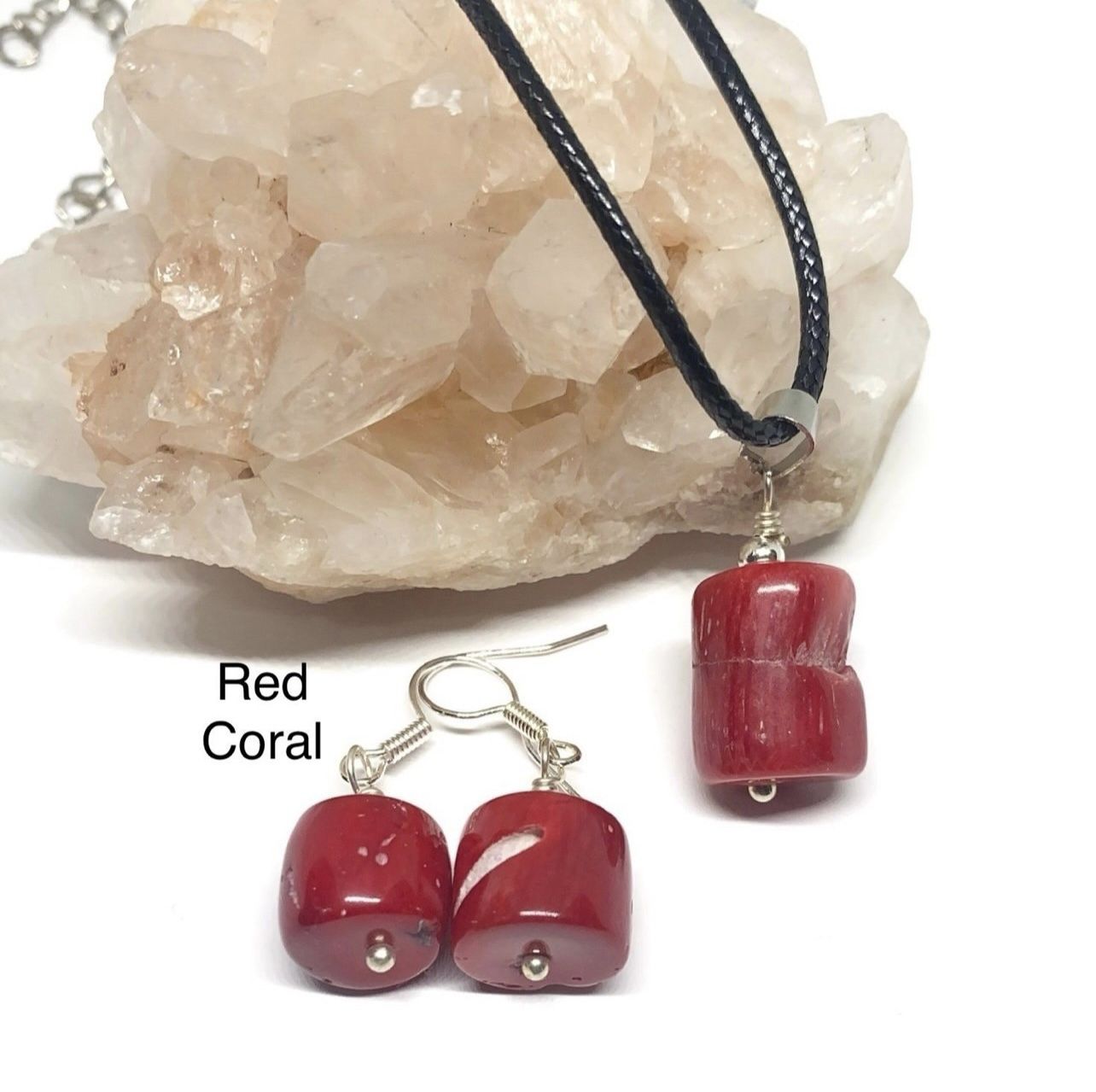 Red Genuine Coral Pendant Necklace & Earrings Set