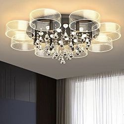 New 32” LED Crystal Chandelier Industrial Modern Flush Mount Ceiling Light with Crystal Drops Acrylic LED Drum Lights Fixture
