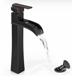Bronze Waterfall Vessel Sink Faucet, Brass 12 Inch Tall Bathroom Faucets Single Hole Single Handle For Bathroom Bowl Sink With Pop-Up Drain & Hoses Fo