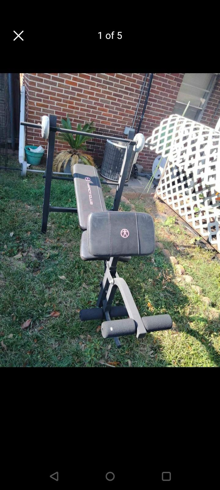 Weight Bench With 2 Bars And Weights And Weight Stand.