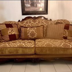 Ornate Carved Wood Damask Sofa