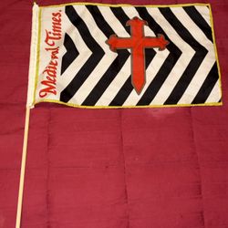 Medieval Times Flag W/Pole Black & White Stripe W/Red Design & Lettering 