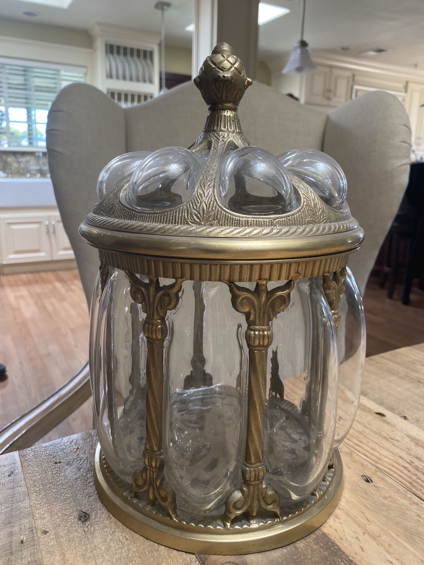 Tink’s Treasures this is a brass jar with bubble class in mint condition