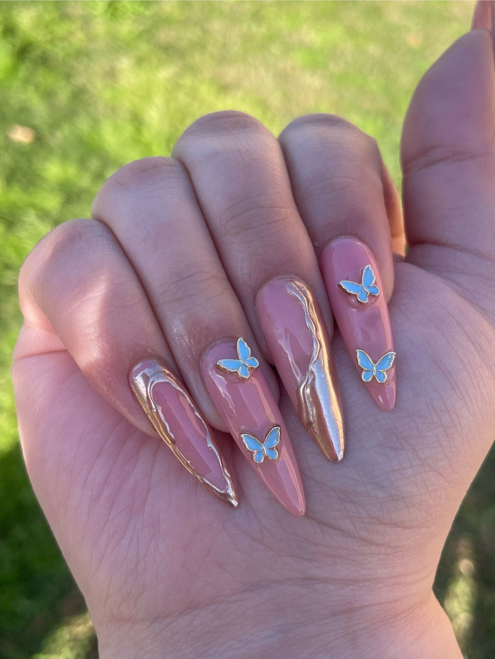 Long almond Press on nails blue butterflies gold chrome nude handmade custom