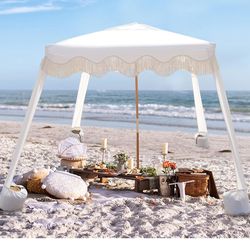 Beach Cabana with Fringe, 6'×6' Boho Beach Canopy with Tassels, Easy Set up & Premium Wood Pole, Cabana Tent with Sand Pockets, Instant Sun Shade for