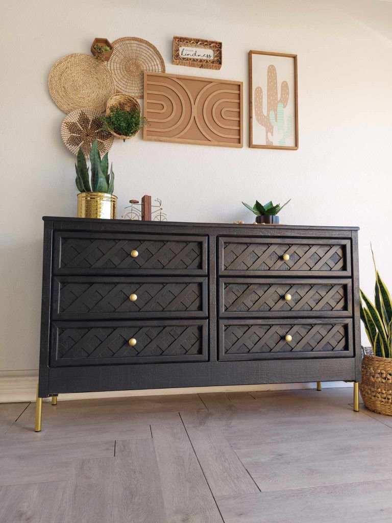 Boho-Chic/Modern Black with gold dresser 6 drawers solid wood