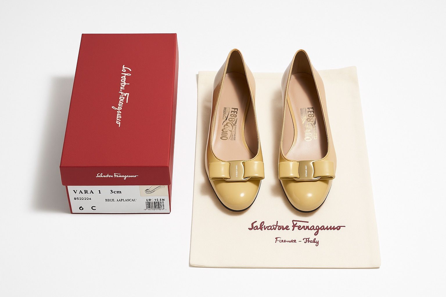 Salvatore Ferragamo Vara 1 Patent Leather Pumps – Beige (Size 6C)