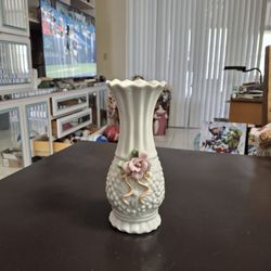 Vintage White Milk Glass Hobnail Pattered Ribbed Vase Capodimonte Style. Applied Porcelain Flowers, Scalloped Edges 8.25"H