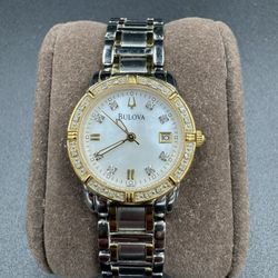 Bulova Watch Women 26mm Silver Gold Tone 98R107 MOP Diamond with New Battery  VG