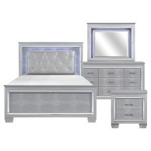 Brand new silver king bedframe + dresser + mirror + nightstand 4PCs bedroom set