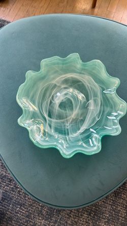 Turquoise Art Glass Ruffled Edge Decorative Bowl