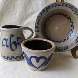 Rowe Pottery Salt Glaze Childs ABC 123 Cup and Bowl 1989+ Heart Bowl