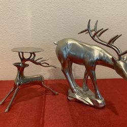 Silver Reindeer Set of 2 - statue & Candle Stand - Simi Valley