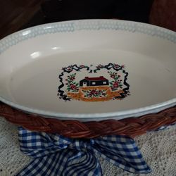 Vtg Glazed Stoneware Casserole with Basket