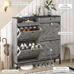 Gray Freestanding Shoe Cabinet with 4 Flip Drawers, Slim Entryway Shoe Storage Organizer with Shelves for Sneakers, High Heels and Slippers | 16 Pair