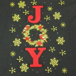 Women's 1X Long-Sleeve Tunic Christmas Embroidered JOY Wreath Birds Black Shirt 