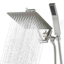 G-Promise All Metal 8 Inch Dual Square Shower Head with Handheld Spray Combo, Rain Shower Head, Adjustable Extension Arm, 3-Way Diverter, 71 Inch Extr