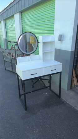 White Vanity Desk with Mirror and Storage