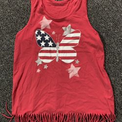 Girls size 16 fourth 4th of July shimmery silver butterfly heart flag fringed tank top shirt 