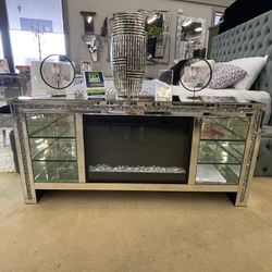 Mirror Crystal Fireplace Tv Stand 