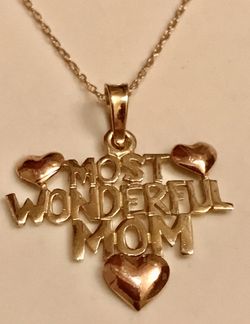 14K Gold “Most Wonderful Mom” Necklace with Rose Gold Hearts