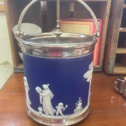 Antique 1900s Wedgwood Blue White Neoclassical Biscuit Barrel 