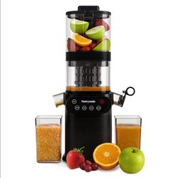 Pantrymade: Powerful 250W cold press juicer has a large 5.5 inch feed chute for whole fruits and vegetables. This black appliance operates at a slow 5