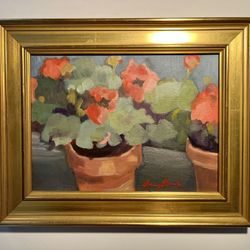 Vintage Oil on Canvas Board Painting 'Geraniums Fraisinette' by NANCY NICKERSON