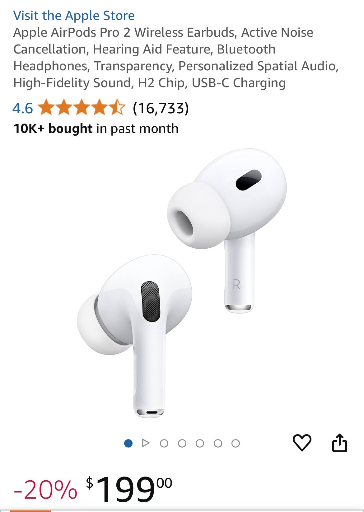Apple AirPods Pro 2 Wireless Earbuds, Active Noise Cancellation, Hearing Aid Feature, Bluetooth Headphones, Transparency, Personalized Spatial Audio, 