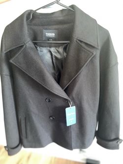 Black Double-Breasted Wool Blend Pea Coat