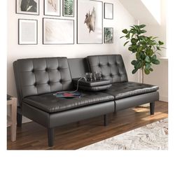 Mainstays Memory Foam Futon with Cupholder and USB, Black Faux Leather Brand Nee In Box 