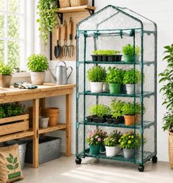 🌻🌻🌻 4-Tier Mobile Greenhouse with Wheels – Clear PVC Cover & Plant Growing Rack