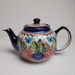 Unikat Blue Rose Polish Pottery Teapot Hand-Painted Floral Butterfly 7 Cup, Lovely!

