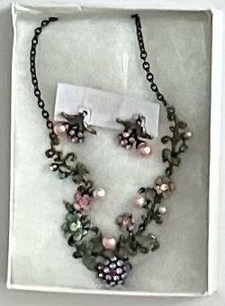 Signed "You and I" Floral Bib Statement Necklace & Earrings Set - Pink & Green