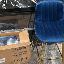Velvet Bar Stools Set of 2, 26 Inch Modern Barstools with Back&Gold Legs, Counter Height Stools for Kitchen Island, Dining Room, Bar, Navy Blue
