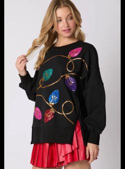 CHRISTMAS LIGHTS SEQUINS SWEATSHIRT TOP BLACK