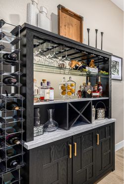 Black Wood Bar Cabinet with Wine Storage & Counter