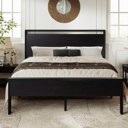 Queen Size Bed Frame, Heavy Duty 12 Metal Slats Support, Black Oak Wooden Headboard and Footboard, Modern Platform Bed, No Box Spring Needed, Under-Be