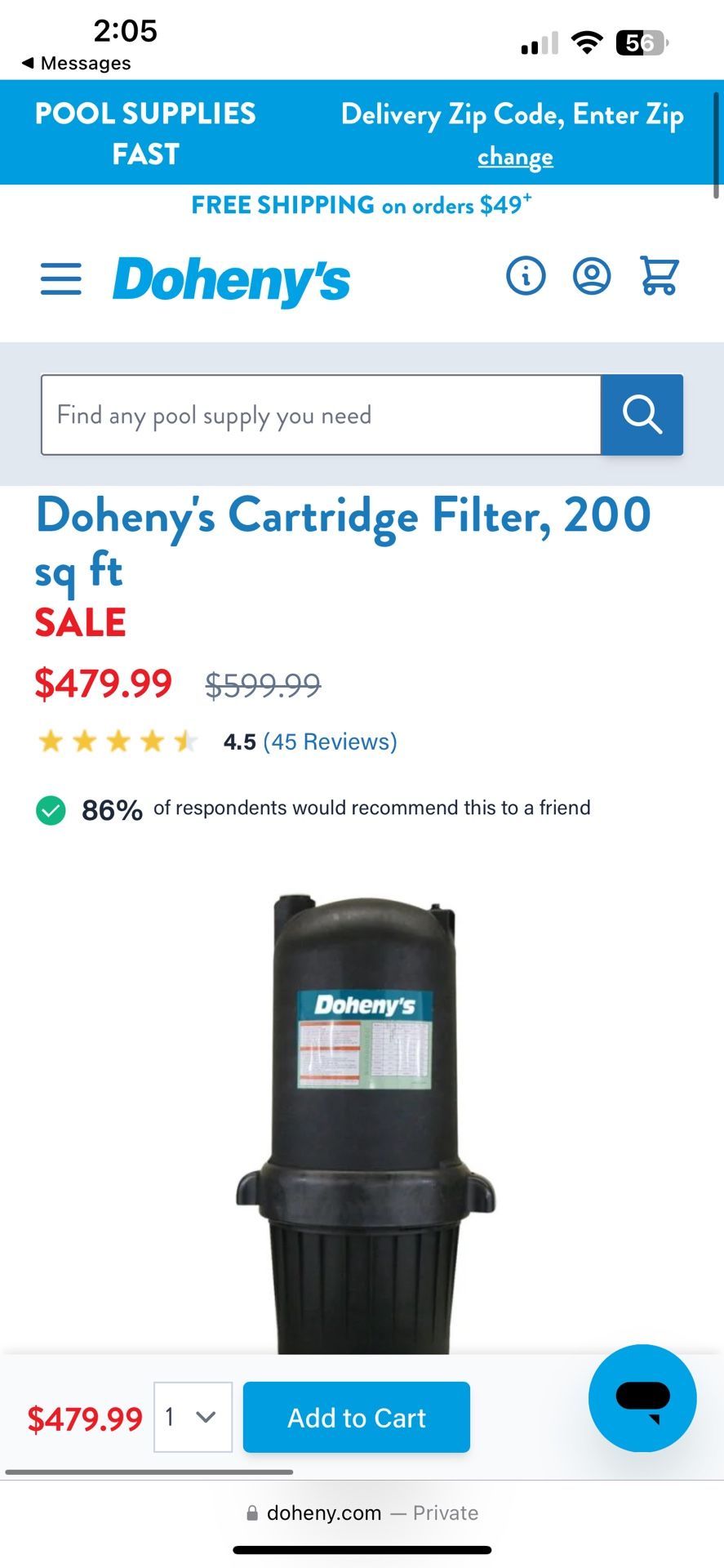 Doheny's Cartridge Filter, 200 sq ft