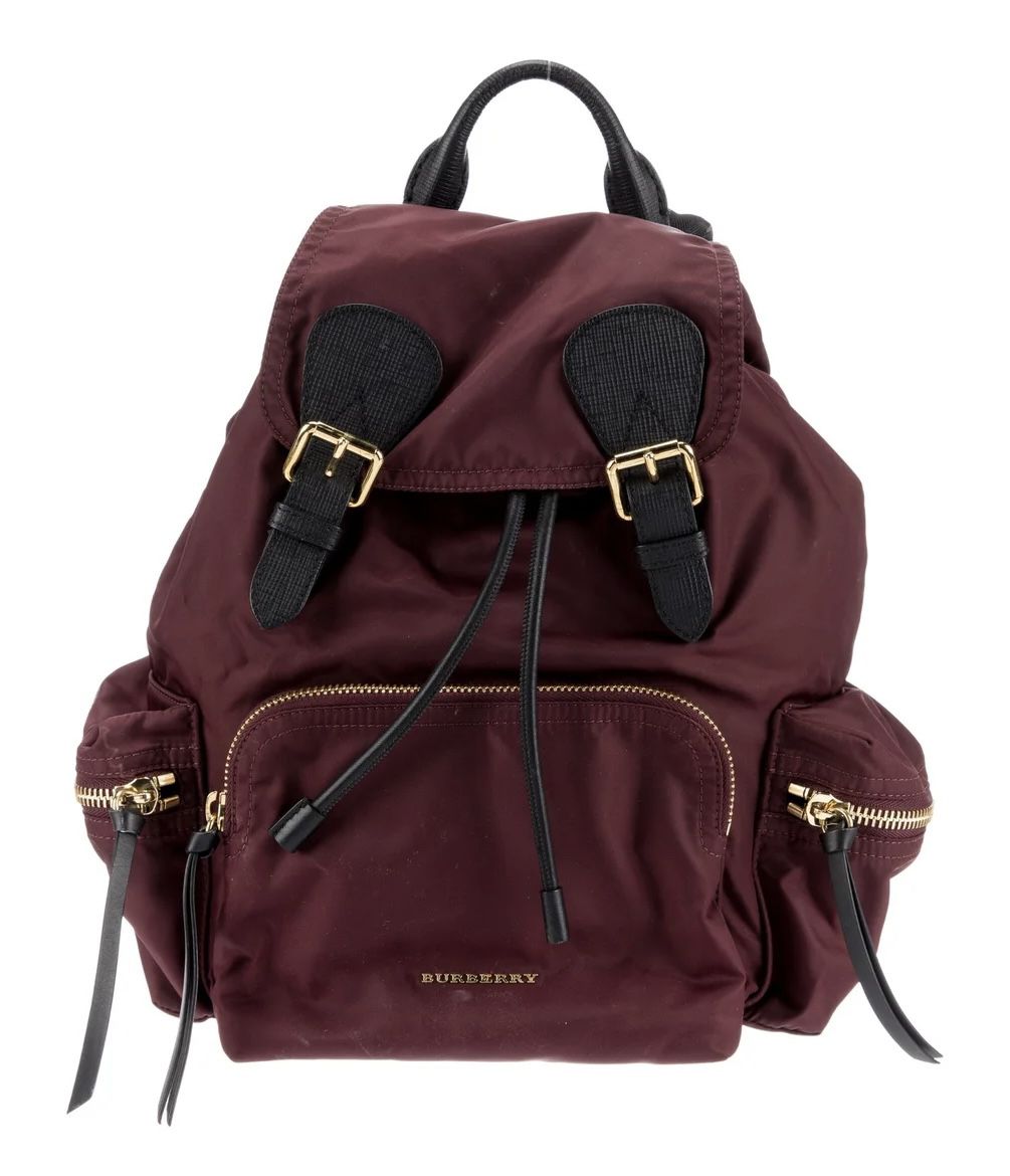 AUTH Burberry Leather-Trim Medium Size Rusk-sack Backpack Unisex In Burgundy