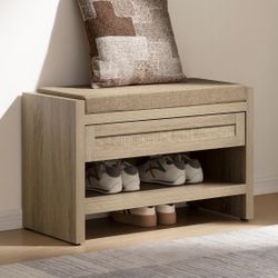 Rattan Shoe Bench Entryway Bench with Storage Drawer and Linen Seat Cushion