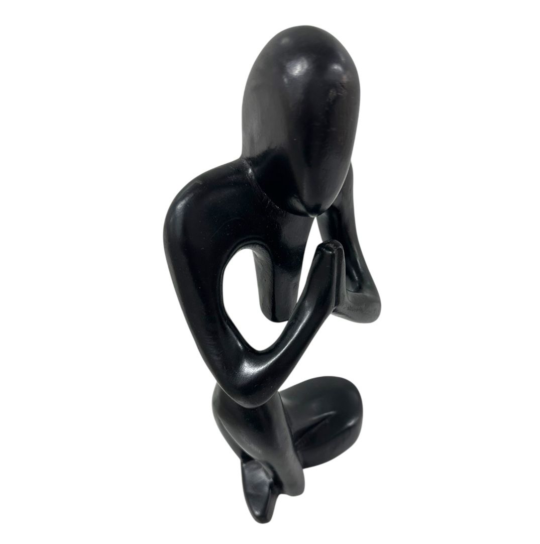 Abstract Minimalist Black Wood Carved Praying Figure Meditation Yoga Zen Decor