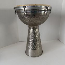 Vintage Doumbek Metal Nickel Darbuka Hand Engraved Drum 15 inches tall