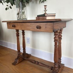 Primitive 1800s Rustic Writing Table – Antique Handmade Wood Desk, Turned Legs, Hand-Cut Joinery