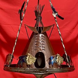 Vintage Anodized Metal Bisons/Eagles Native American Teepee Tent Hanging Light