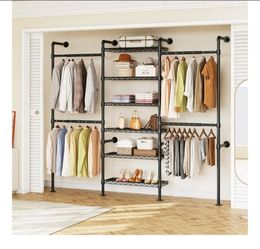 5.4FT-8.1FT Closet Organizer with 4 Telescopic Rods & 6 Wire Shelves, Heavy Duty Clothes Rack for Reach-in & Walk-in Closets