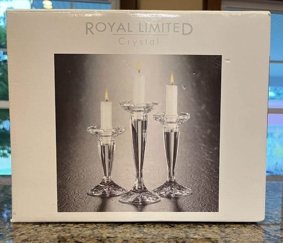 Vintage Royal Limited Crystal Candle Holder Trio With Box. Set Of Three.
