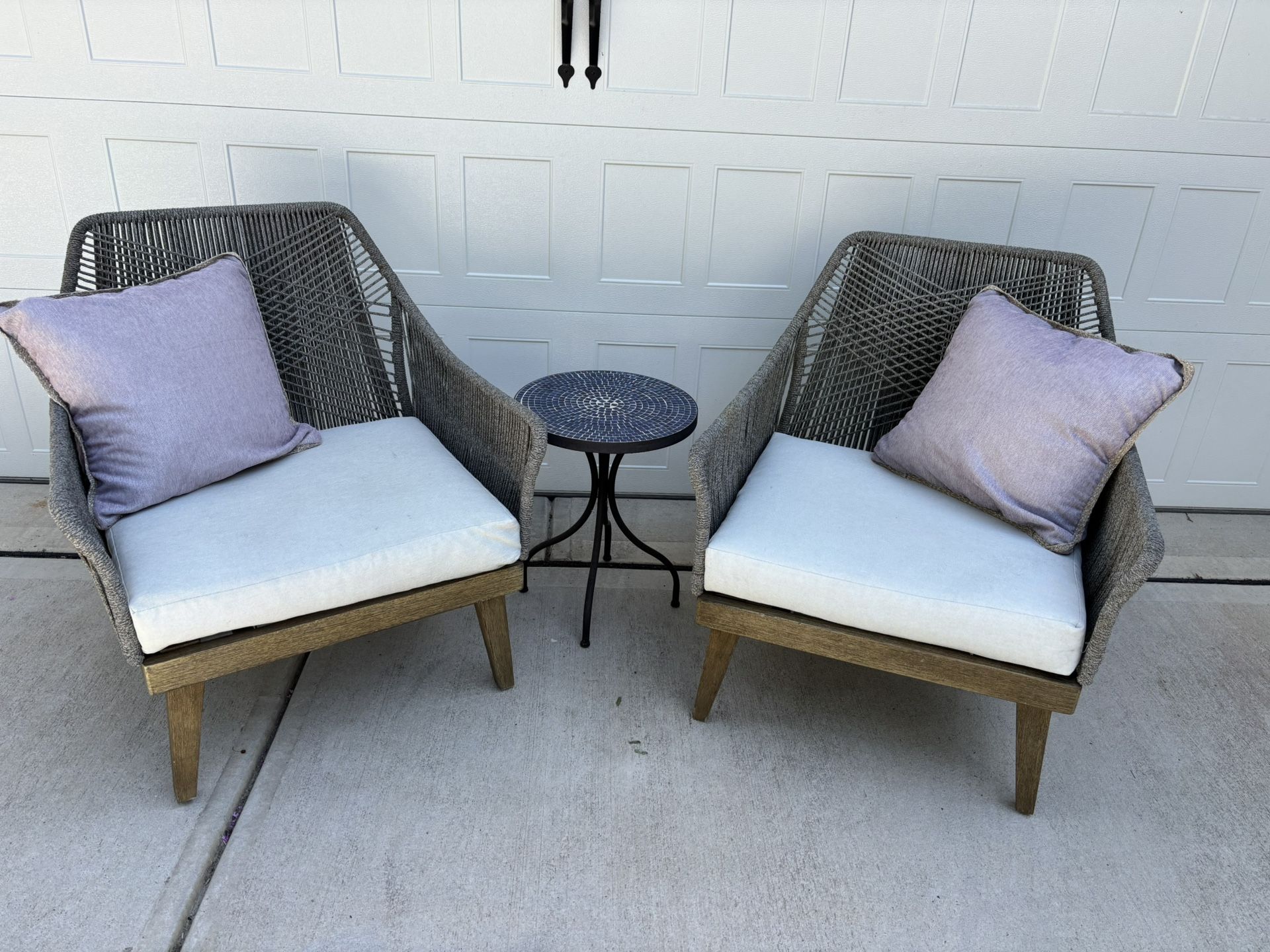 Outdoor Club Chairs - Grey Rope & Mango Wood with Tile Mosaic Side Table